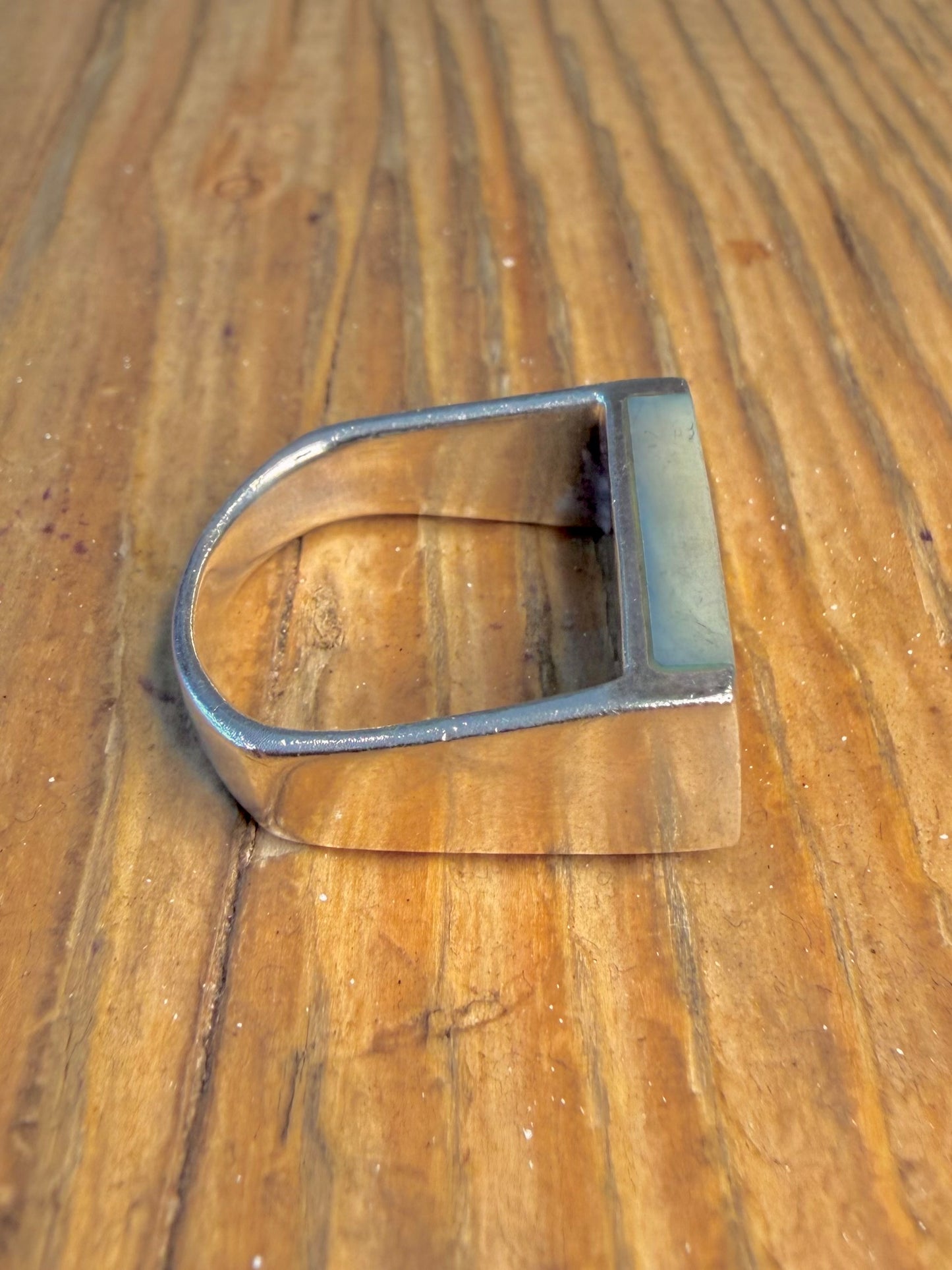 Modernist Mother of Pearl Rectangle 925 Sterling Silver Size Q1/2 Ring
