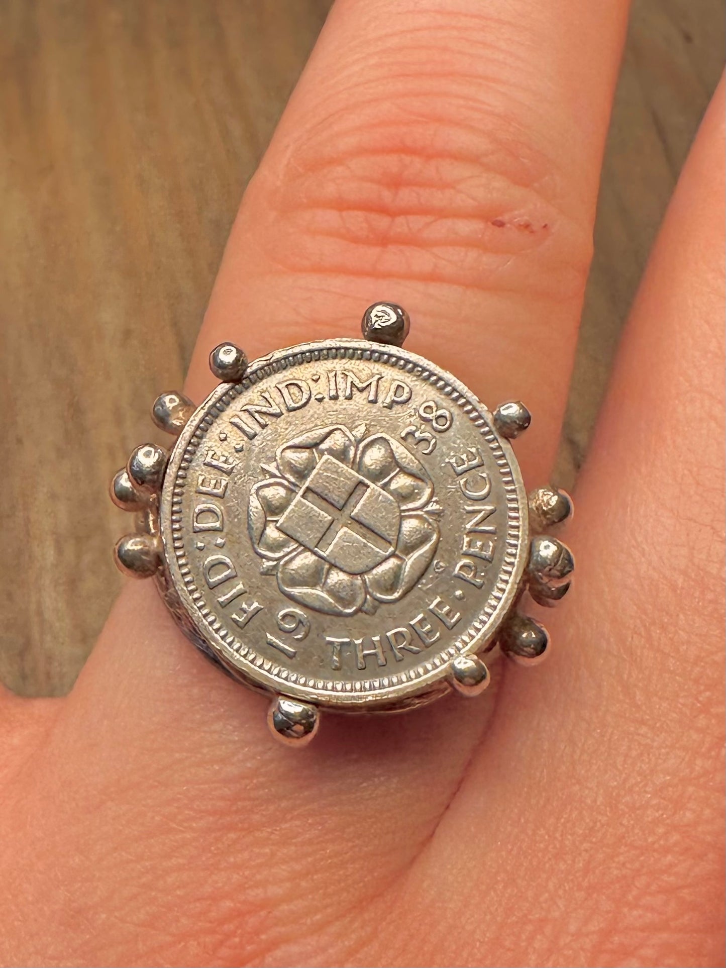 Vintage 1937 Threepence Coin 1992 925 Sterling Silver Size P Ring