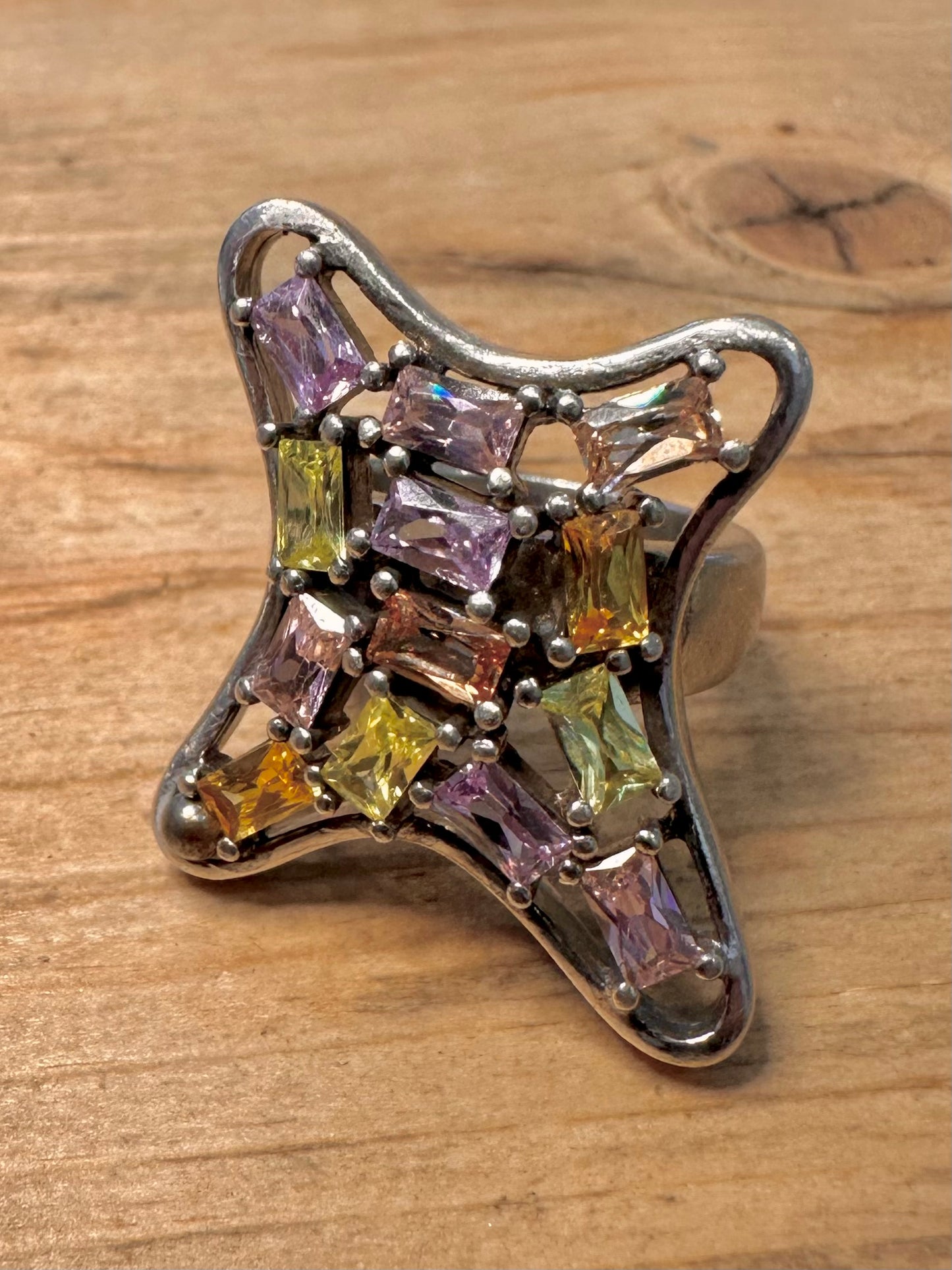 Abstract Multi Coloured Stones 925 Silver Size O1/2 Ring