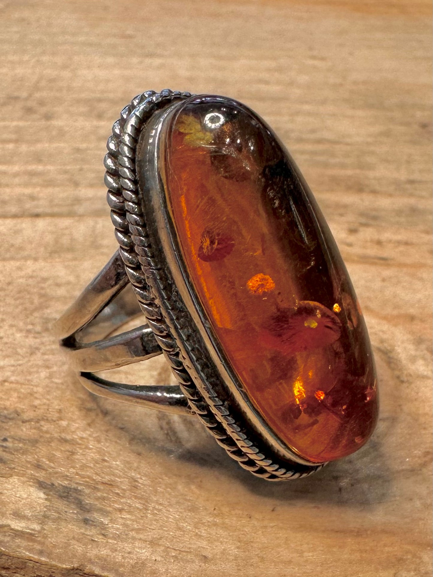 Vintage Large Amber Oval 925 Silver Size K1/2 Ring