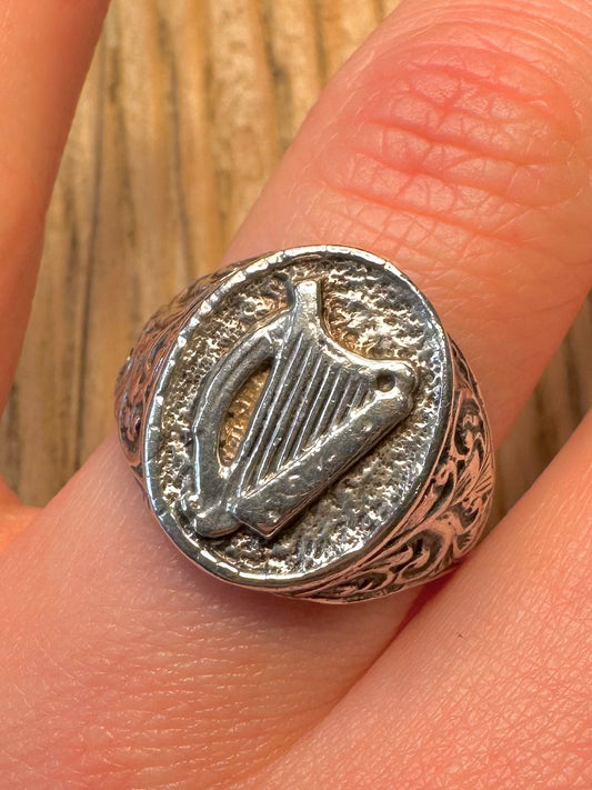 Vintage Irish Harp Motif Signet 925 Sterling Silver Size U Ring