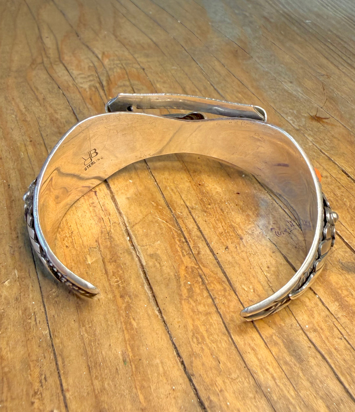 Native American Navajo Turquoise and Coral Watch Cuff Buckle Maker RB 925 Sterling Silver Bangle