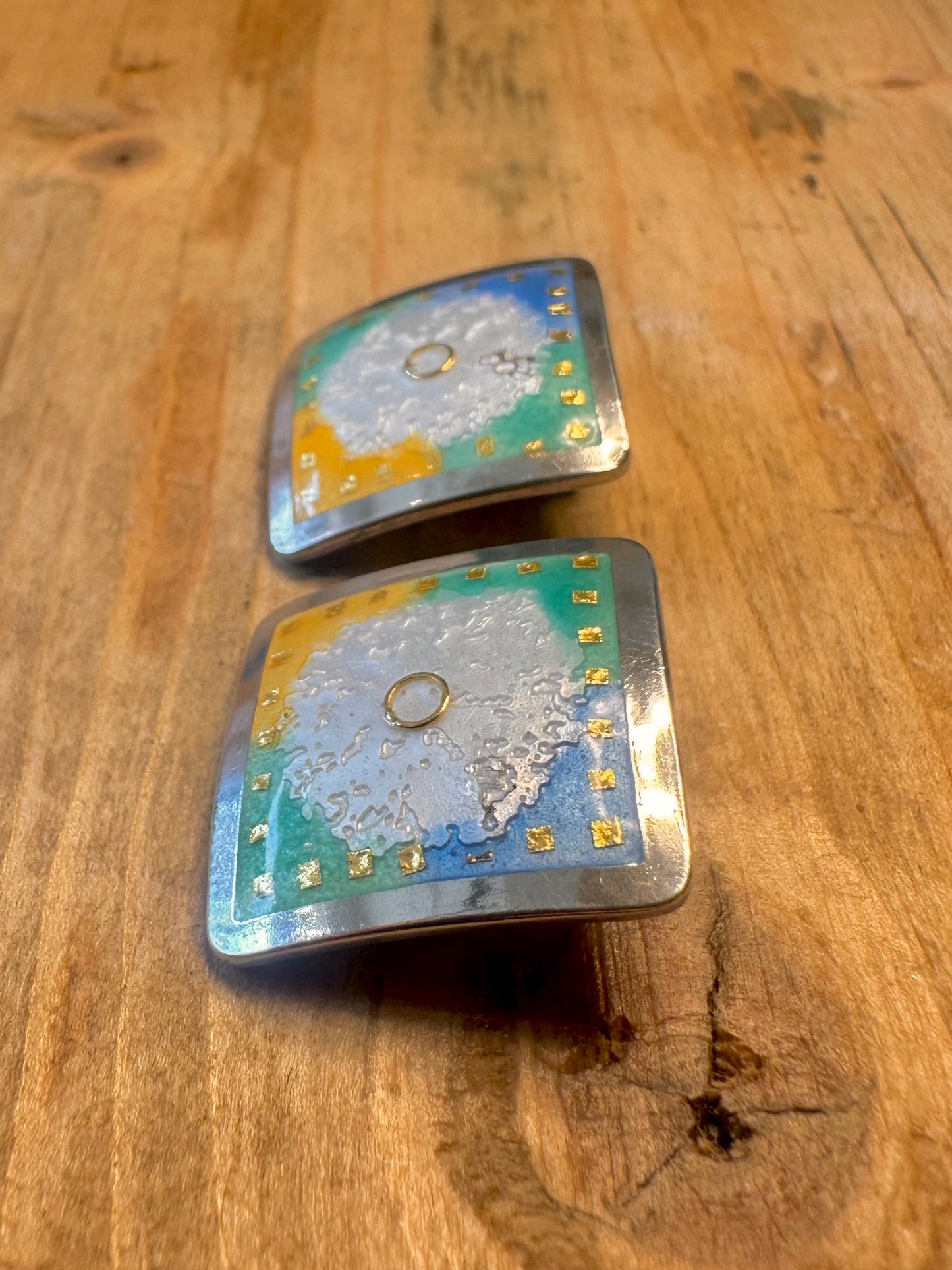 Stunning Enamel and 22k Gold Flower Maker Papalexiou Clip On 925 Sterling Silver Earrings
