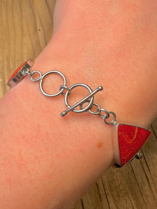 Vintage Coral Multi Stones 925 Sterling Silver 7 to 7.5 inch Bracelet