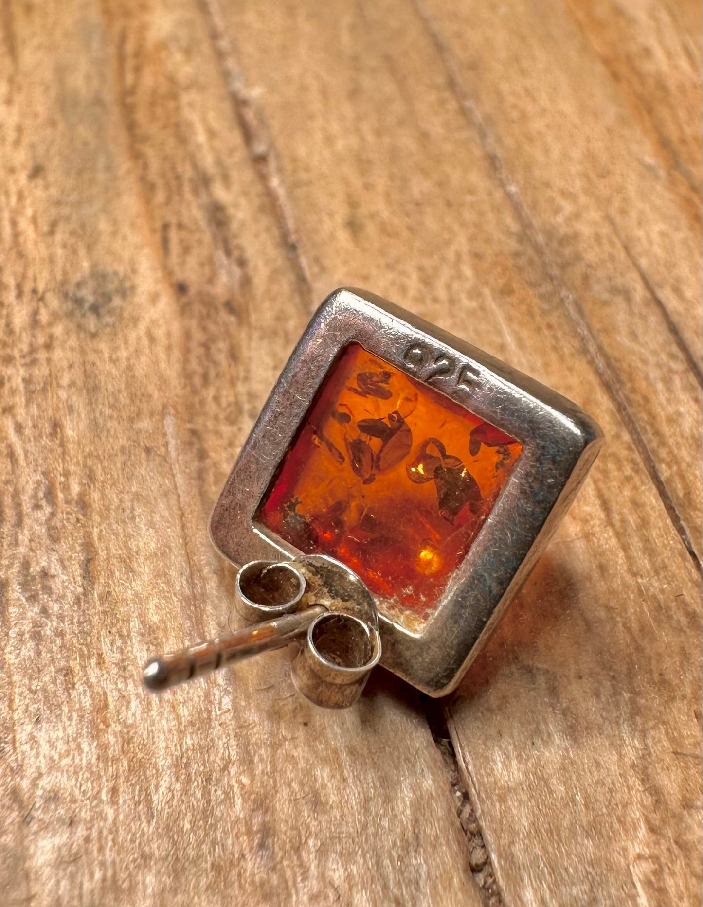 Abstract Amber Square Stud 925 Sterling Silver Earrings