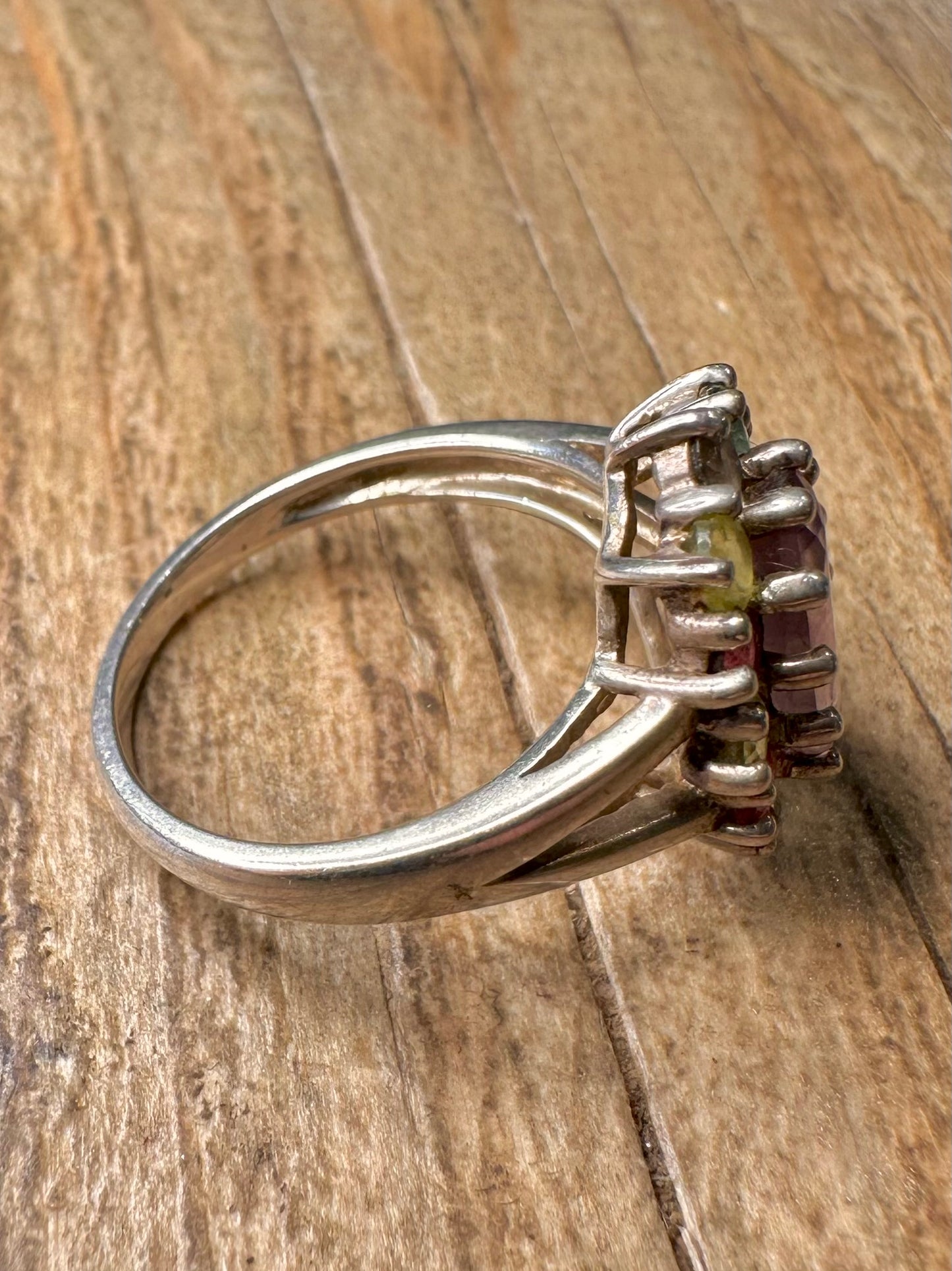 Vintage Multi Gemstone Cluster 925 Sterling Silver Size S Ring