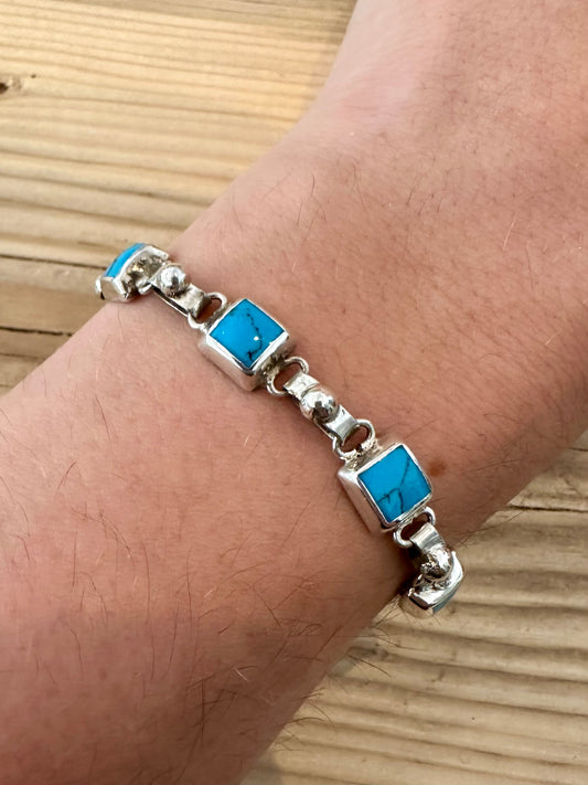 Vintage Square Turquoise Inlay Mexican 925 Silver 7 inch Bracelet