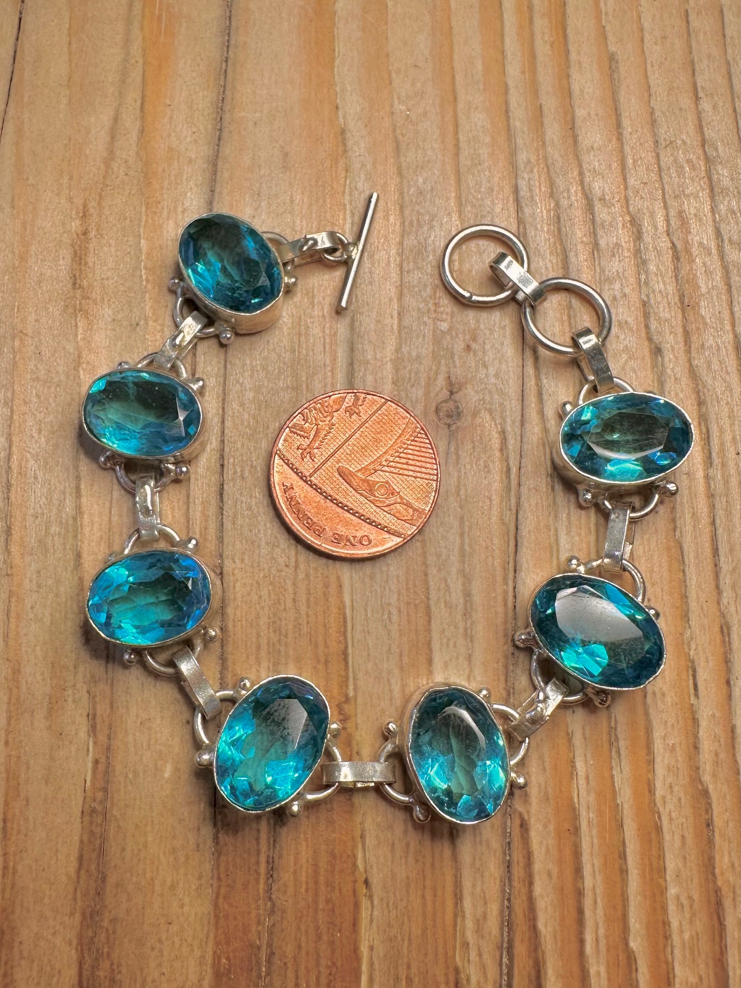 Vintage Blue Topaz Oval Link 925 Sterling Silver 7 to 7.5 inch Bracelet