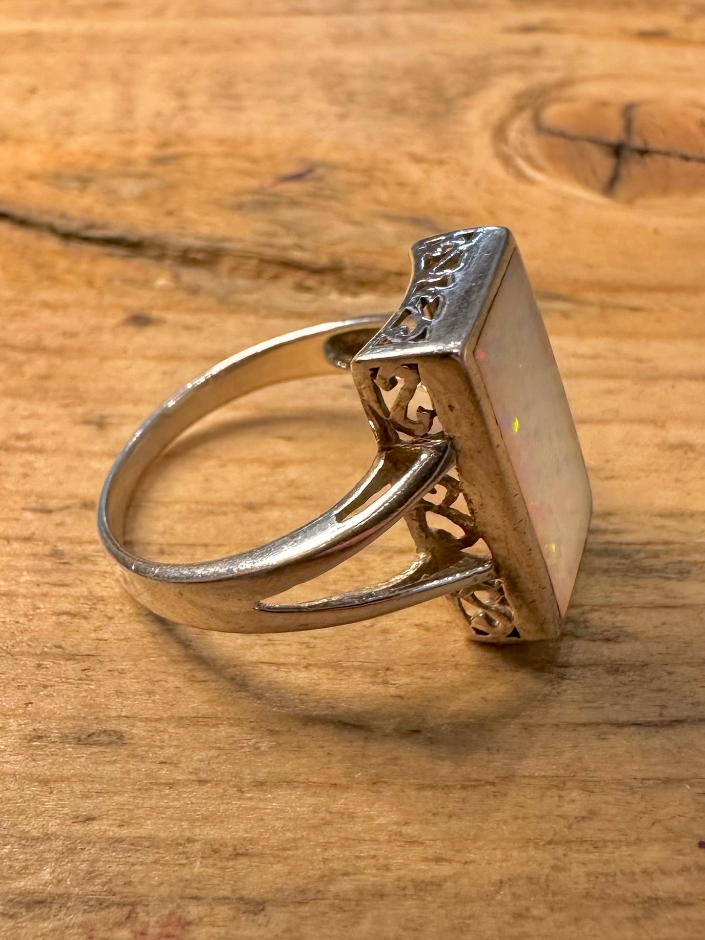 Modernist Opal Rectangle 925 Silver Size Q Ring