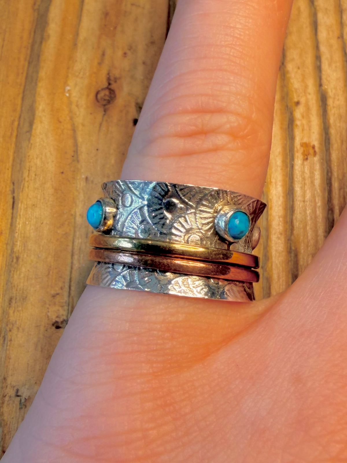 Engraved Band Turquoise with Copper and Brass Spinner Bands 925 Sterling Silver Size O1/2 Ring