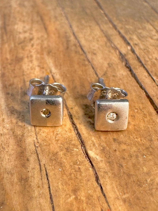 Square White Stone Two Textures 925 Sterling Silver Earrings