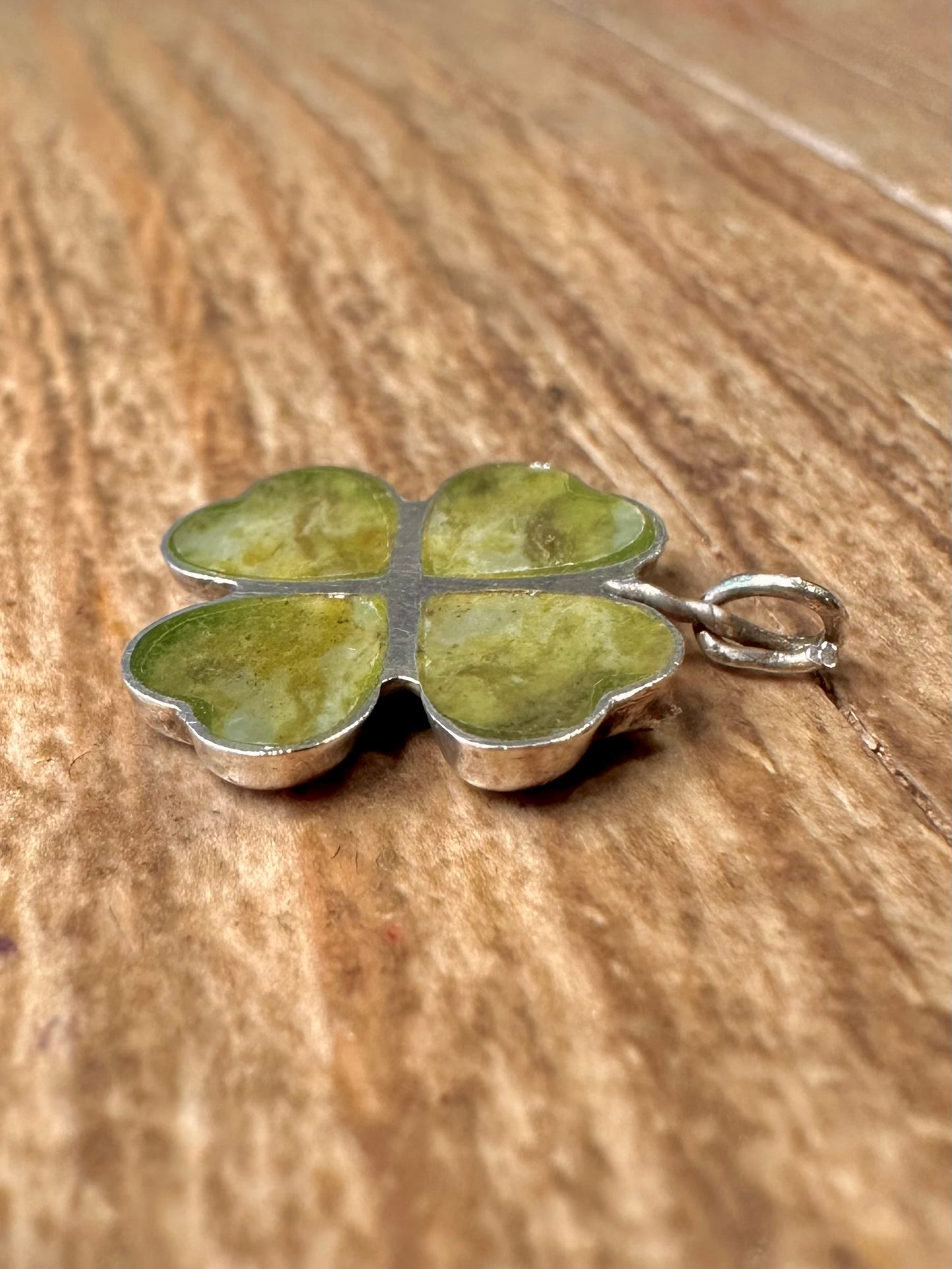 Vintage Irish Connemara Marble Four Leaf Clover 925 Sterling Silver Pendant