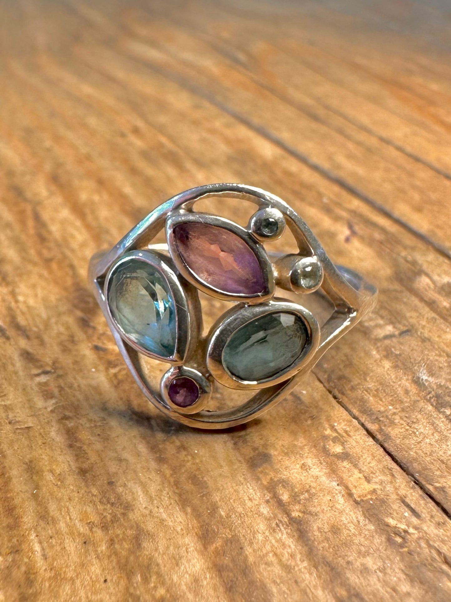 Abstrakter Multi-Edelstein 925 Sterling Silber Ring Größe L
