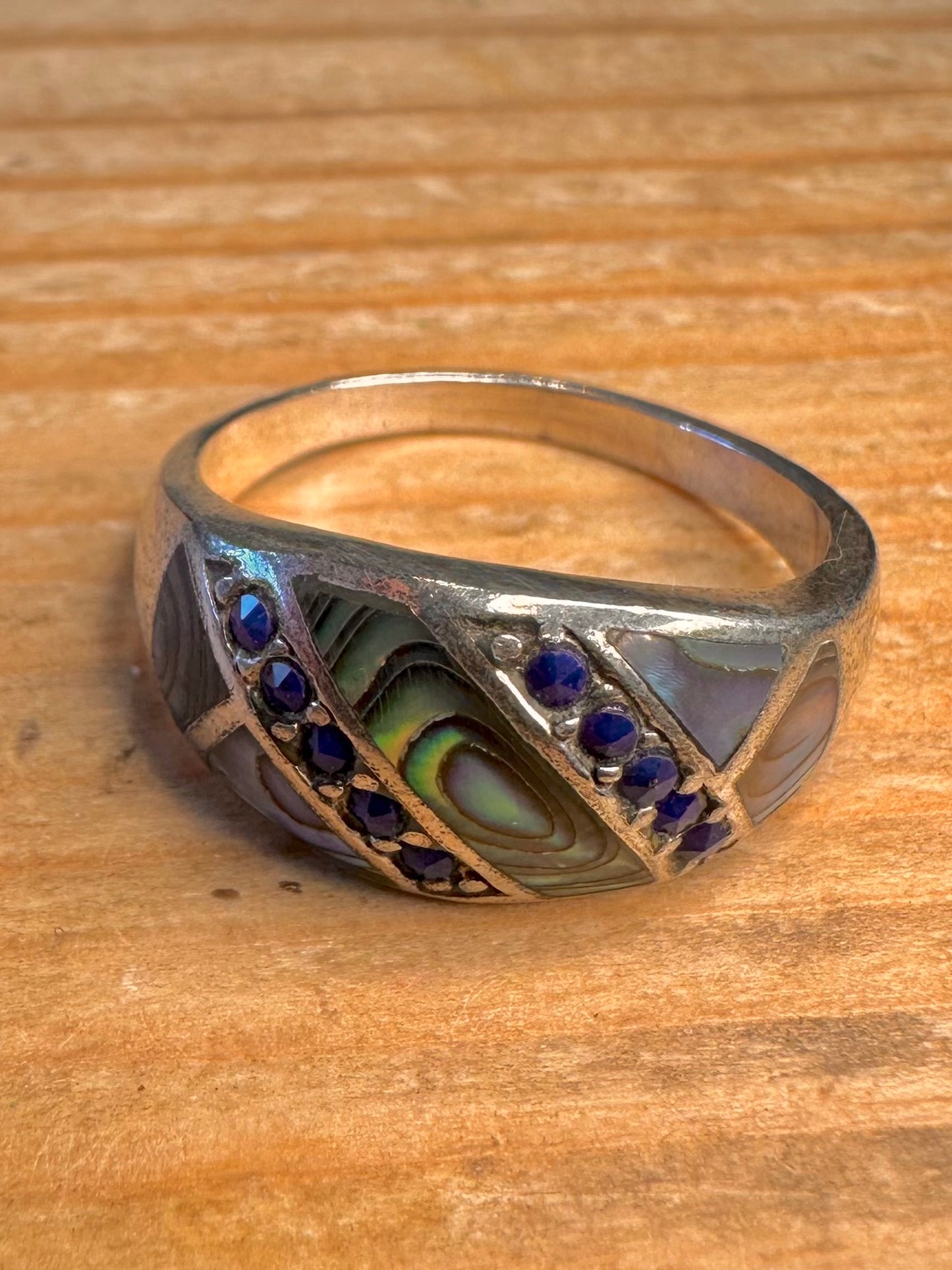 Vintage Abalone and Blue Stone 925 Sterling Silver Size V1/2 Ring