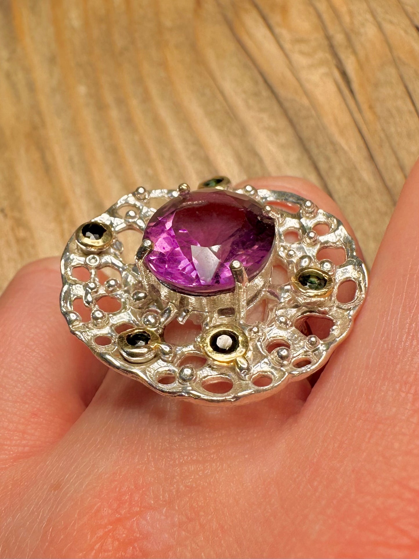 Modernist Abstract Purple Amethyst and Dark Blue Stone 925 Sterling Silver Size O Ring