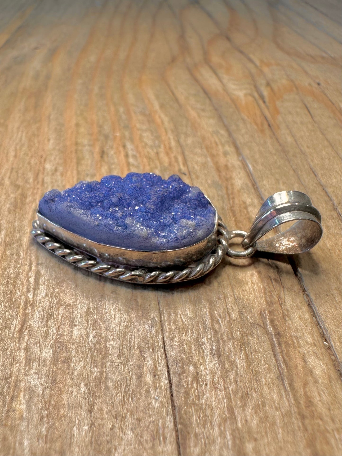 Vintage Blue Druzy Woven Pattern 925 Sterling Silver Pendant