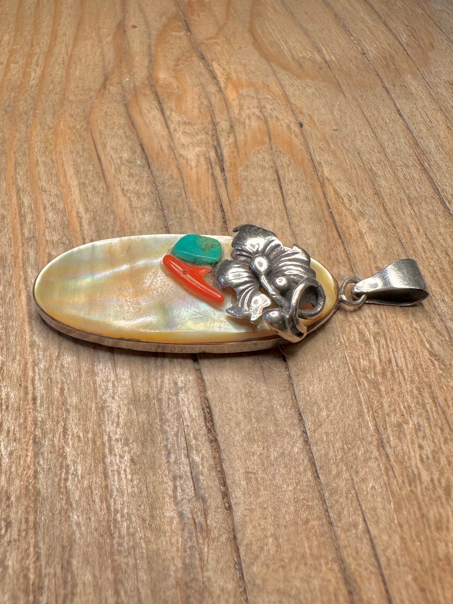 Vintage Native American Mother of Pearl Coral and Turquoise Floral 925 Sterling Silver Pendant