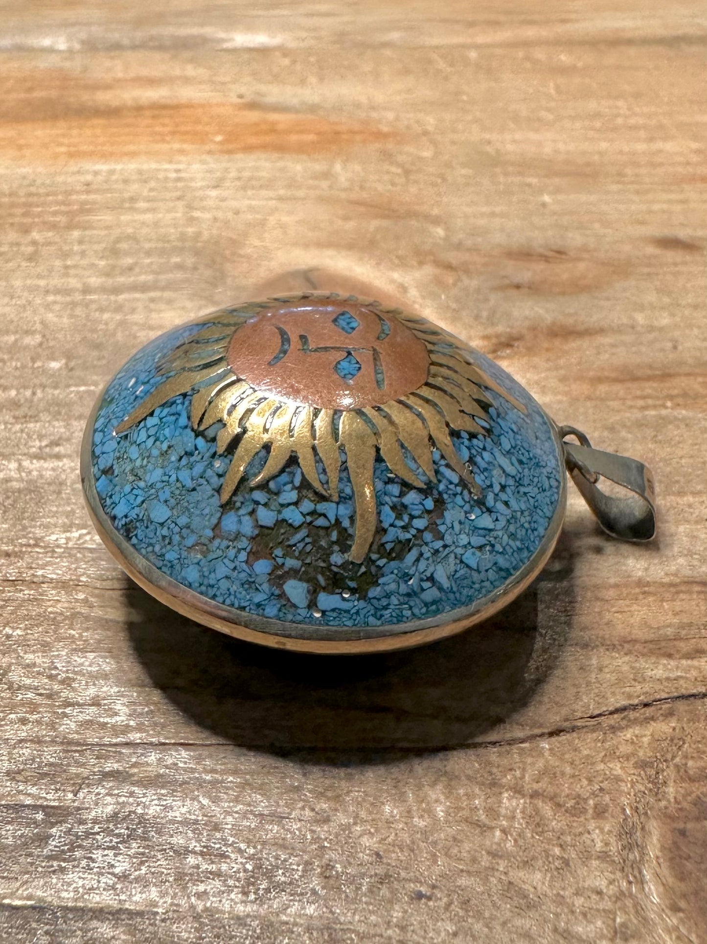 Vintage Double Sided Bronze Art MFTLES Mexico Turquoise Inlay 925 Silver Pendant