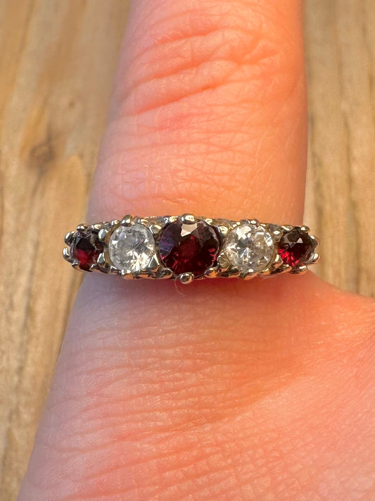 Vintage 1992 Red and White CZ Gold on 925 Sterling Silver Size N Ring