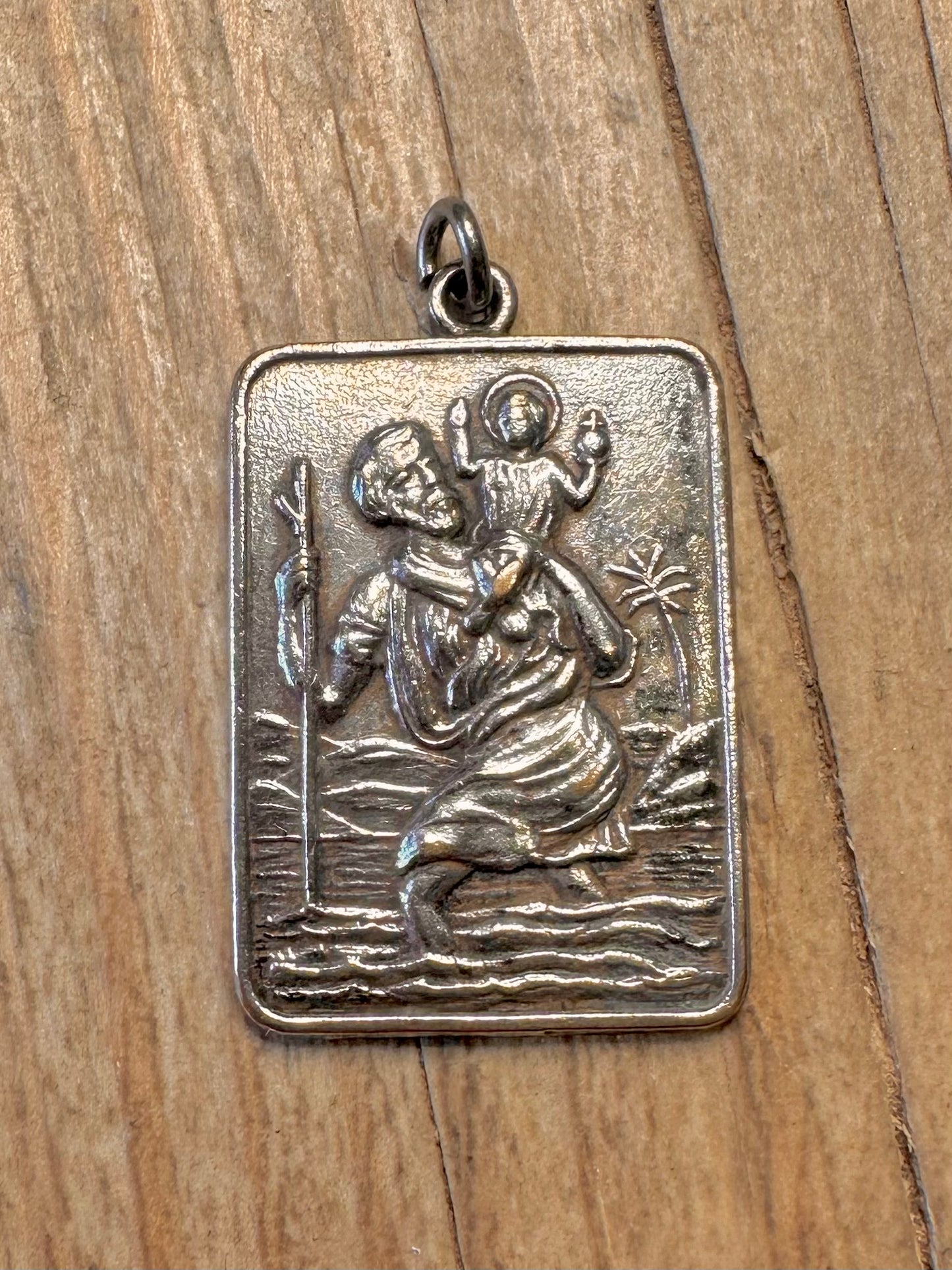 Vintage St Christopher Large Rectangle 925 Sterling Silver Pendant