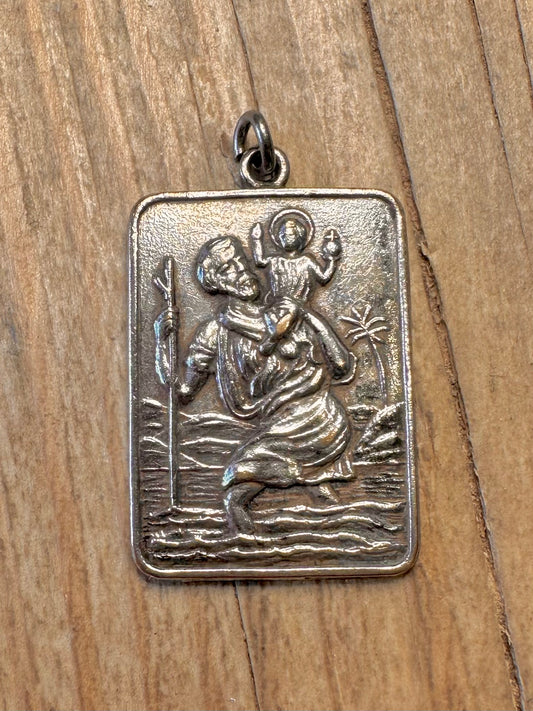Vintage St Christopher Large Rectangle 925 Sterling Silver Pendant