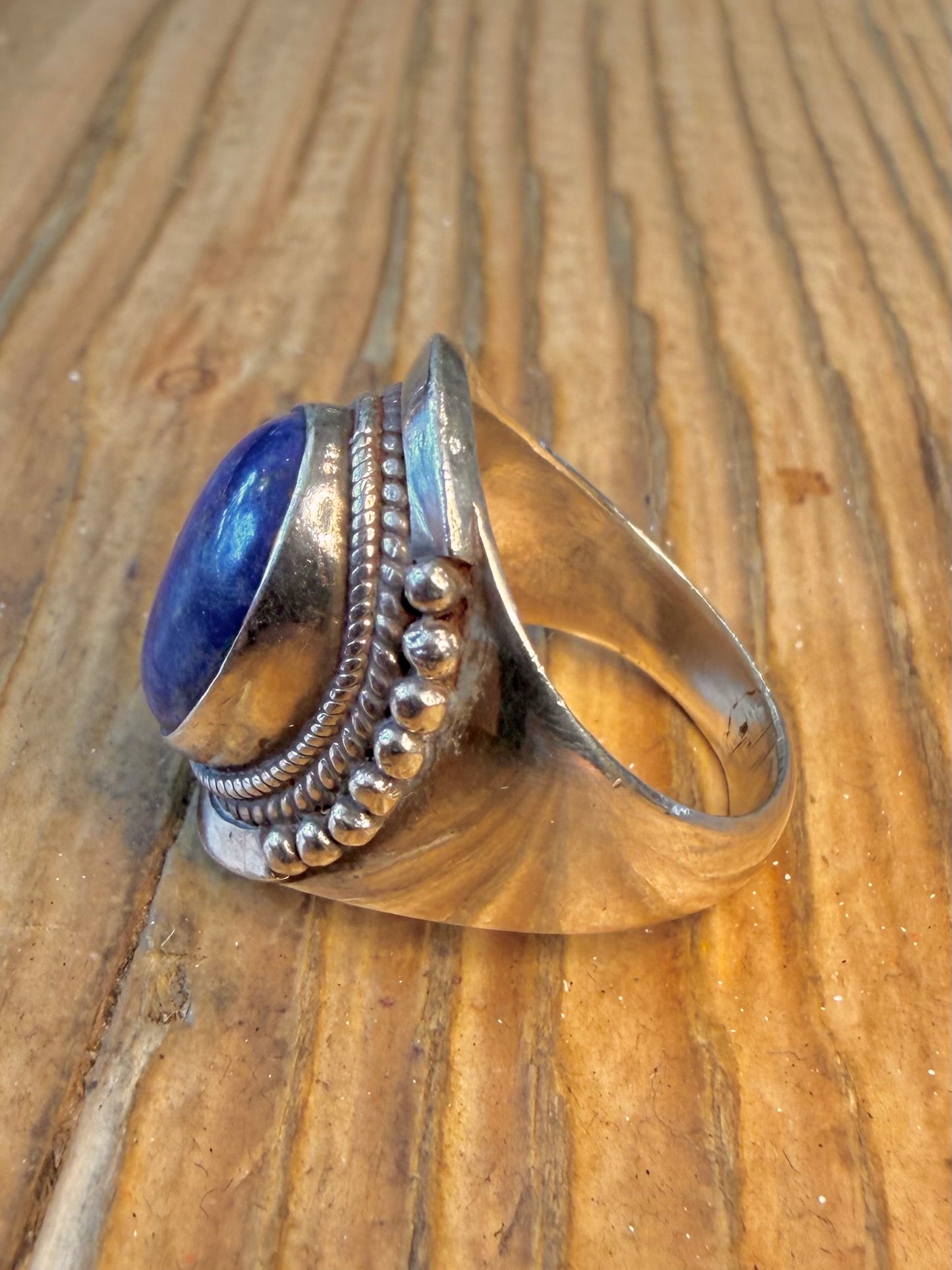 Lapis Lazuli Beaded Trim 925 Sterling Silver Size O Ring