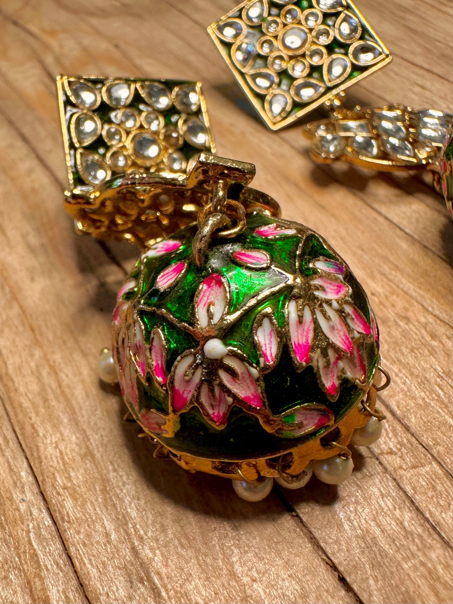 Vintage Enamel Flowers Large Dangle Gold Tone Costume Earrings