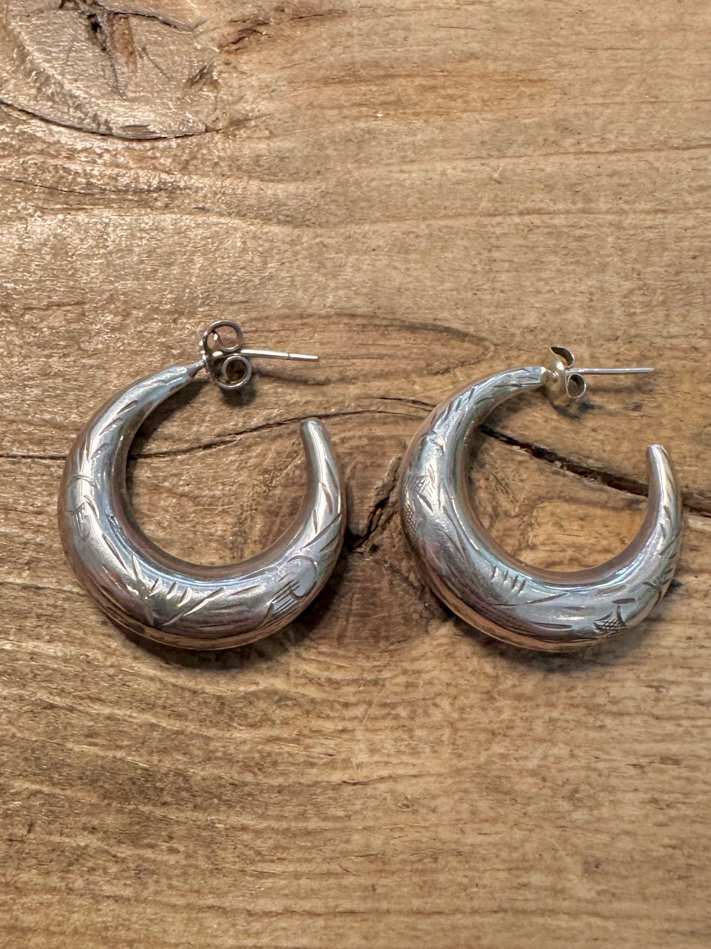 Vintage Chunky Engraved 925 Silver Half Hoop Earrings