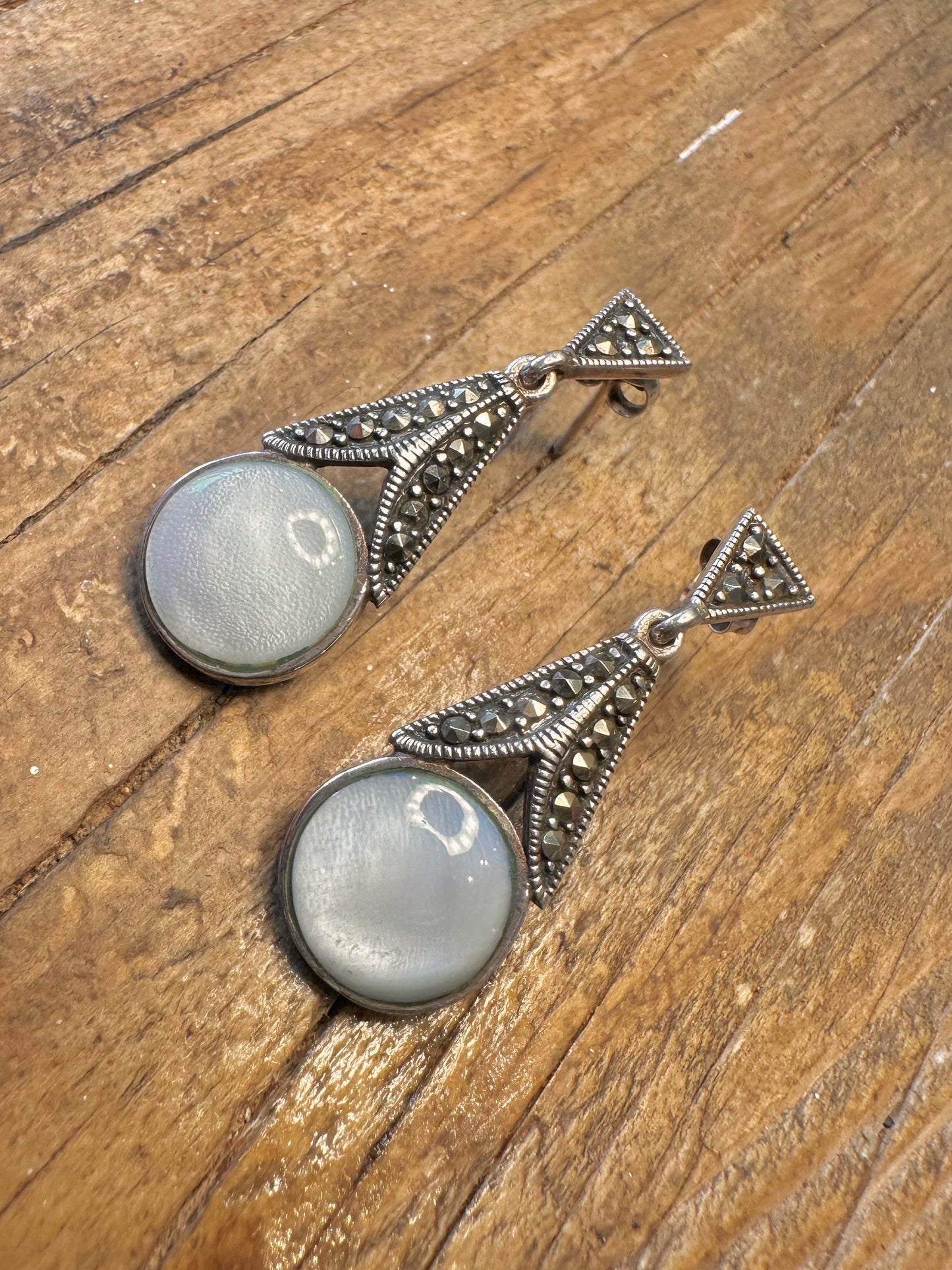 Mother of Pearl and Marcasite 925 Sterling Silver Earrings