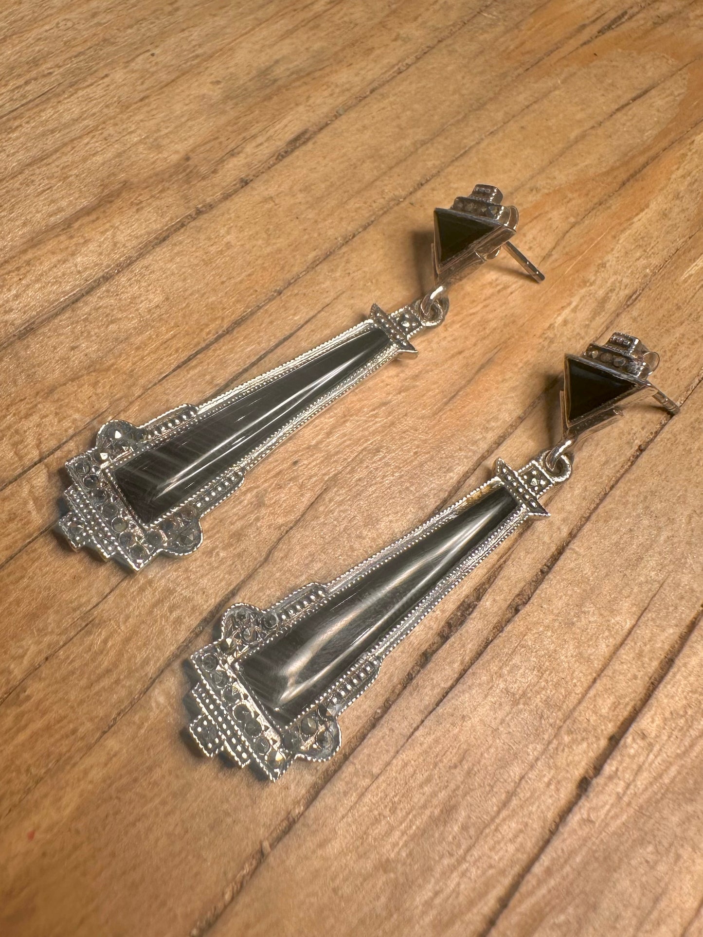 Vintage Art Deco Onyx and Marcasite 925 Sterling Silver Earrings