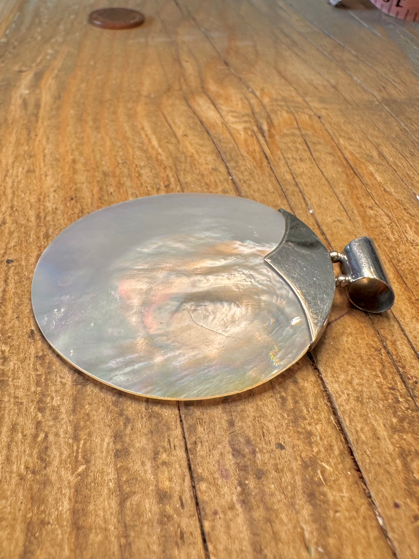 Iridescent Circle Shell 925 Sterling Silver Pendant