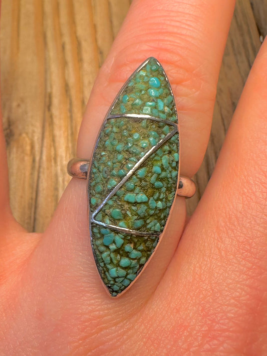 Vintage Turquoise Chip Elongated 925 Sterling Silver Size N1/2 Ring