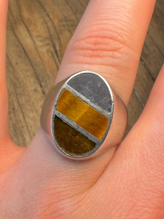 Chunky Signet 1992 Tigers Eye Sodalite and Brown Agate Mexico Size T1/2 Ring