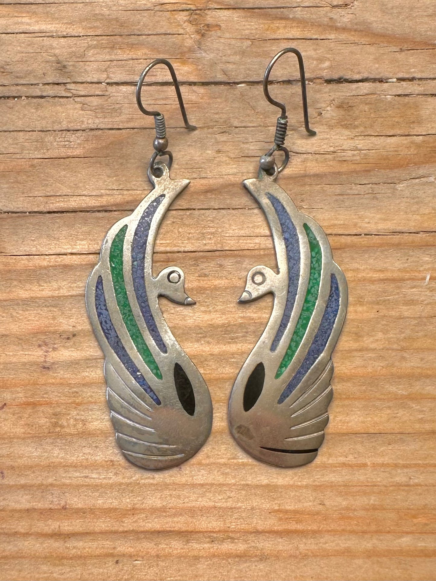 Vintage Soaring Birds Turquoise Inlay Alpaca Mexico Costume Earrings