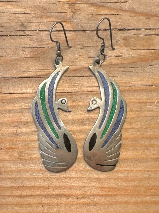 Vintage Soaring Birds Turquoise Inlay Alpaca Mexico Costume Earrings