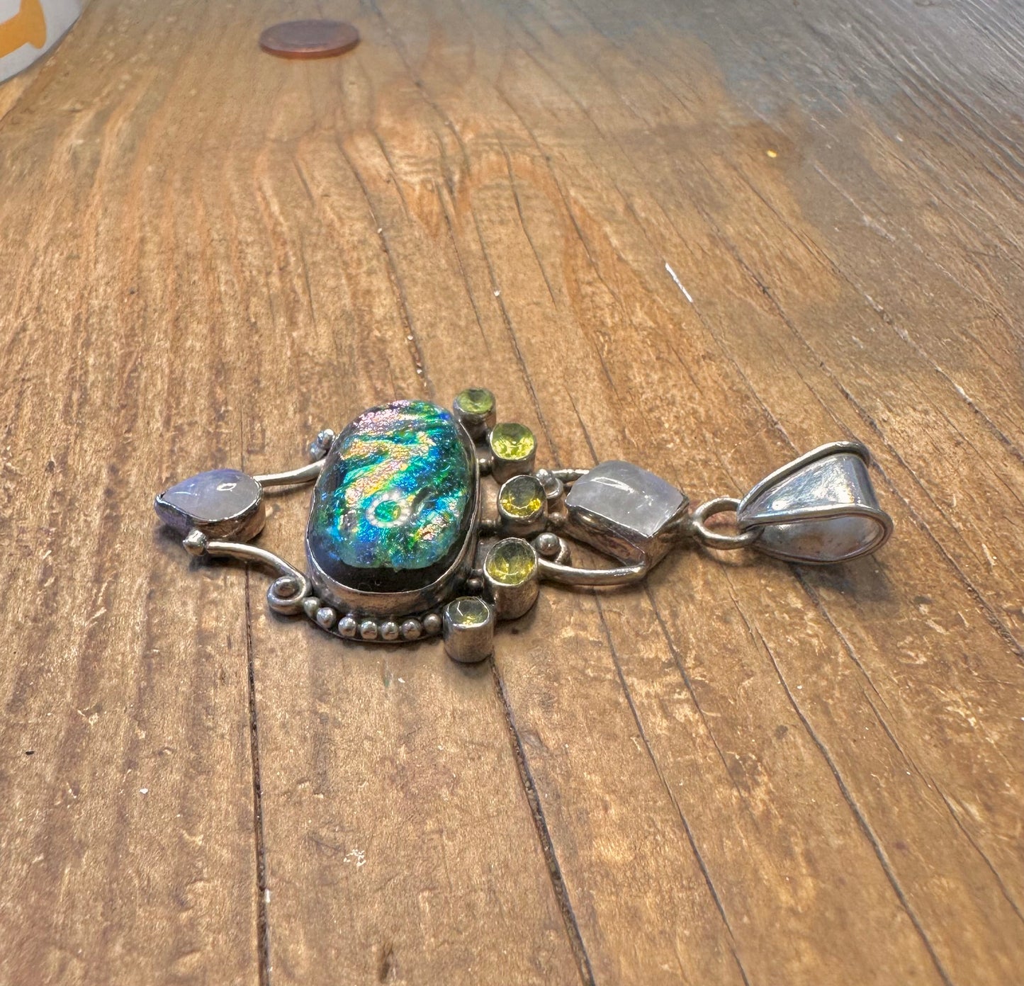 Moonstone Peridot and Dichroic Glass 925 Sterling Silver Pendant