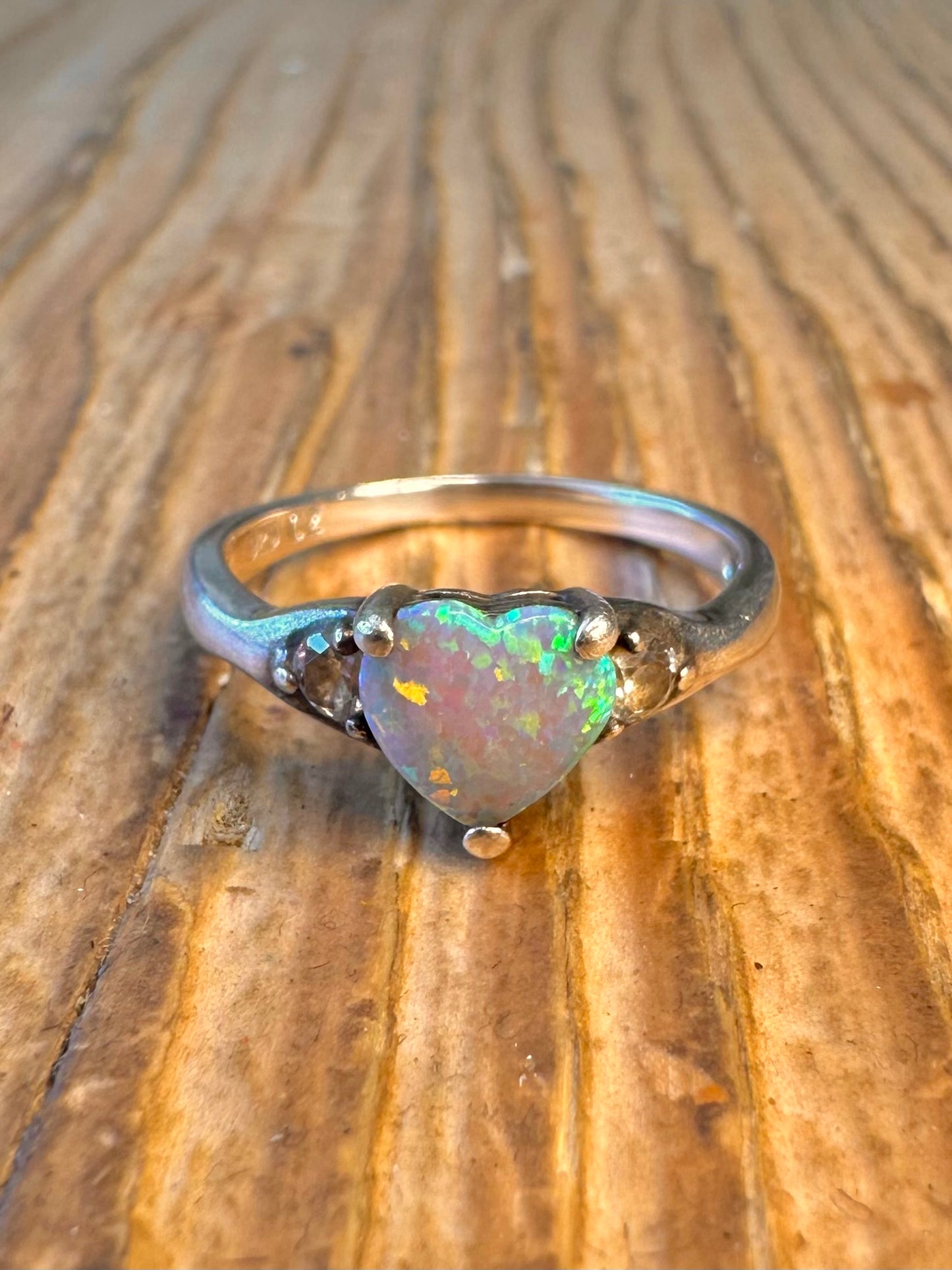 Opal Heart and CZ 925 Sterling Silver Size N Ring