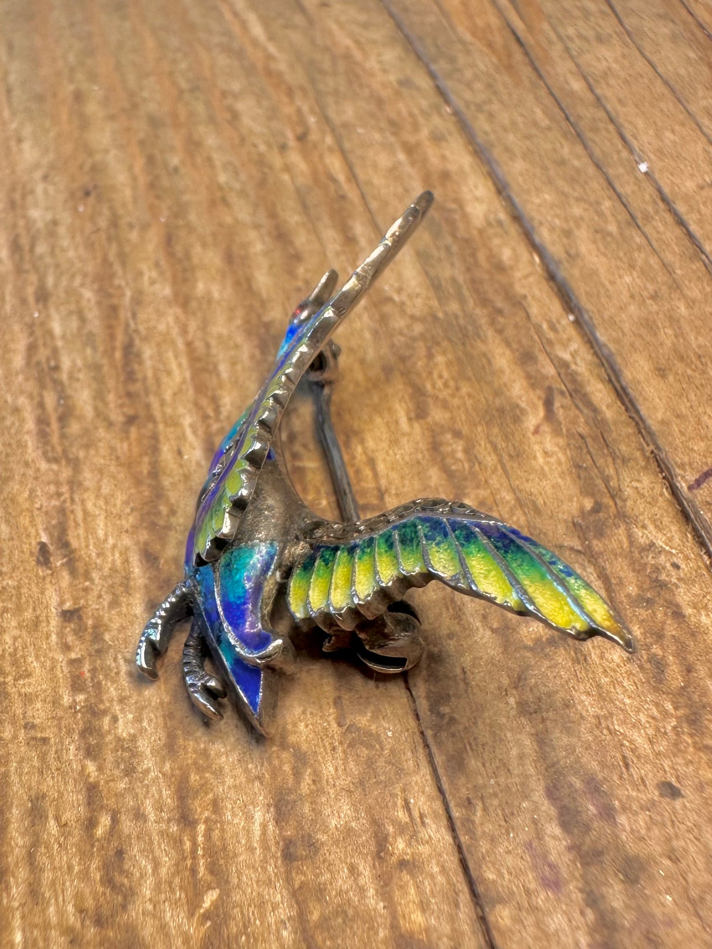 Enamel and Marcasite Flying Bird 925 Silver Brooch