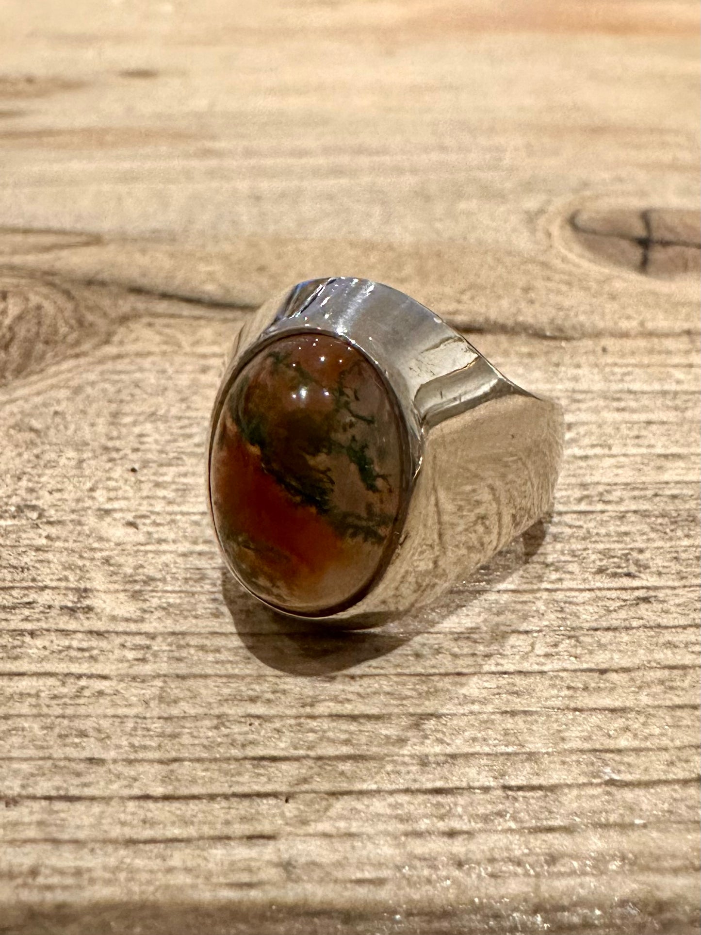 Vintage 1977 Moss Agate 925 Silver R Ring