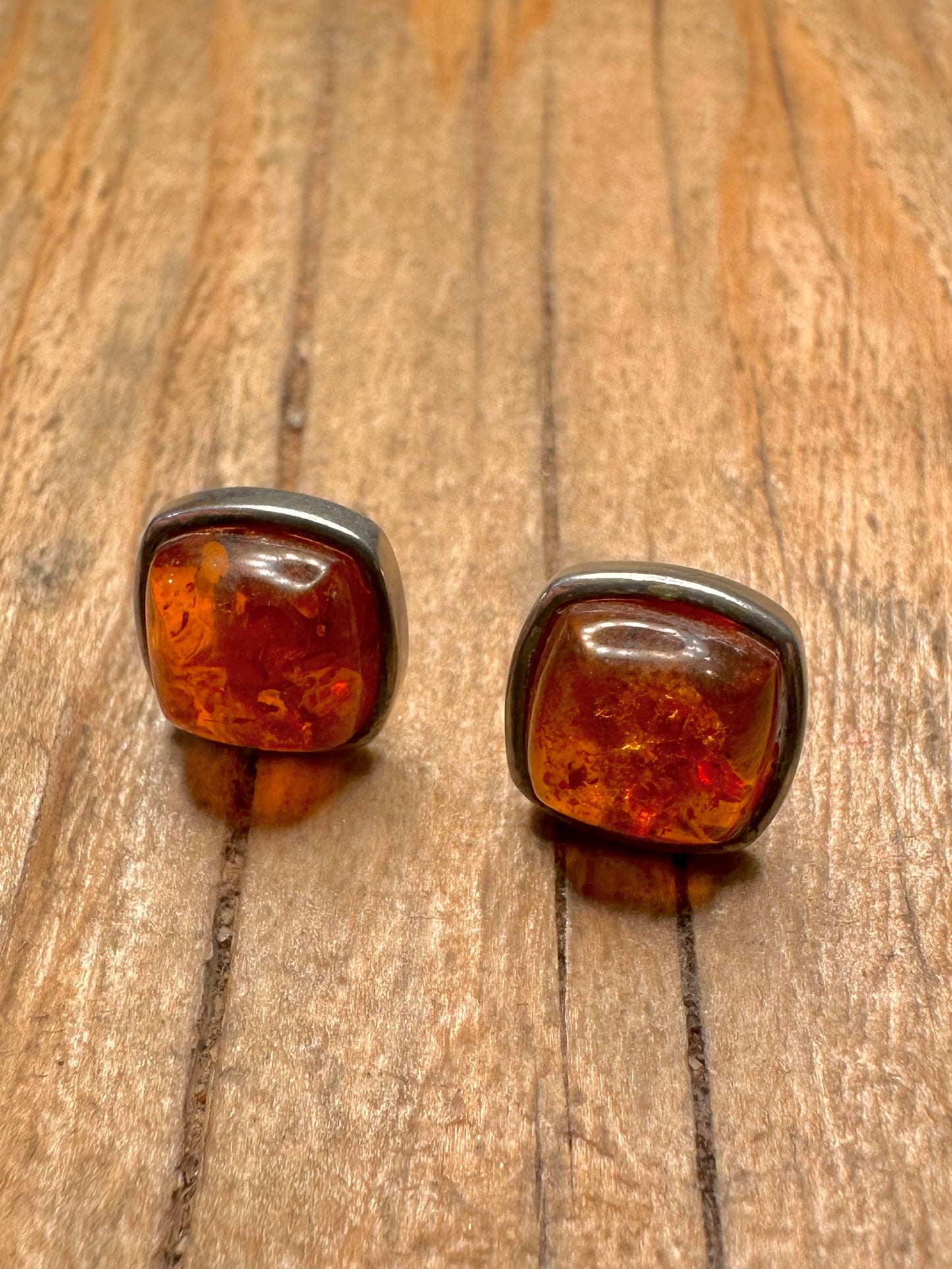 Abstract Square Amber Studs 925 Sterling Silver Earring