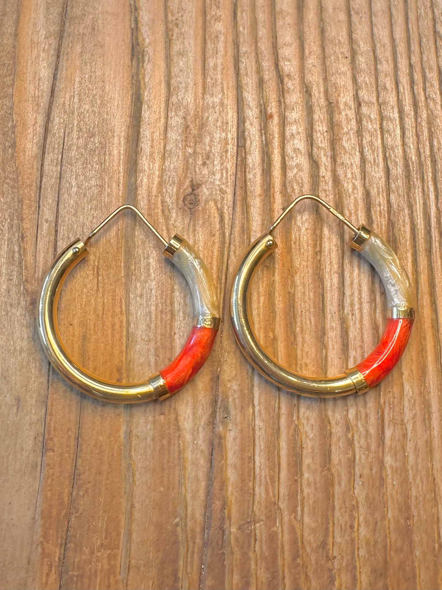 Chunky Red and White Resin Italian Gold on 925 Sterling Silver Hoop Earrings