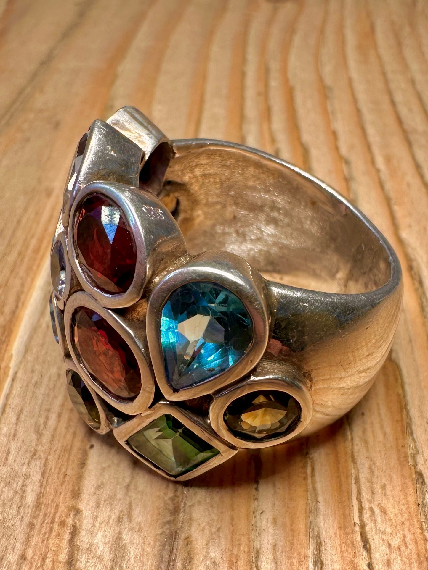 Modernist Chunky Multi Gemstone 925 Sterling Silver Size Z+3 Ring
