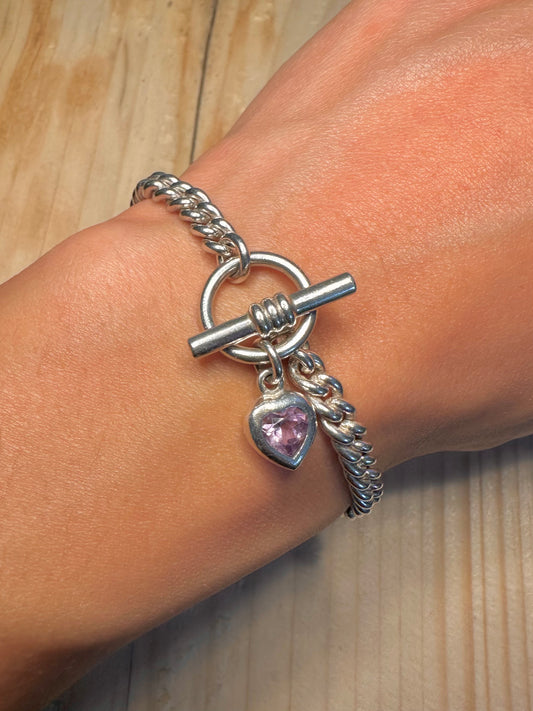 Pink Heart T Bar Curb Chain 925 Sterling Silver 7 inch Bracelet