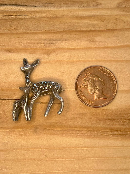 Deer and Faun Marcasite 925 Sterling Silver Brooch