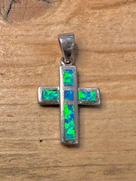 Modern Simulated Opal Cross 925 Silver Pendant