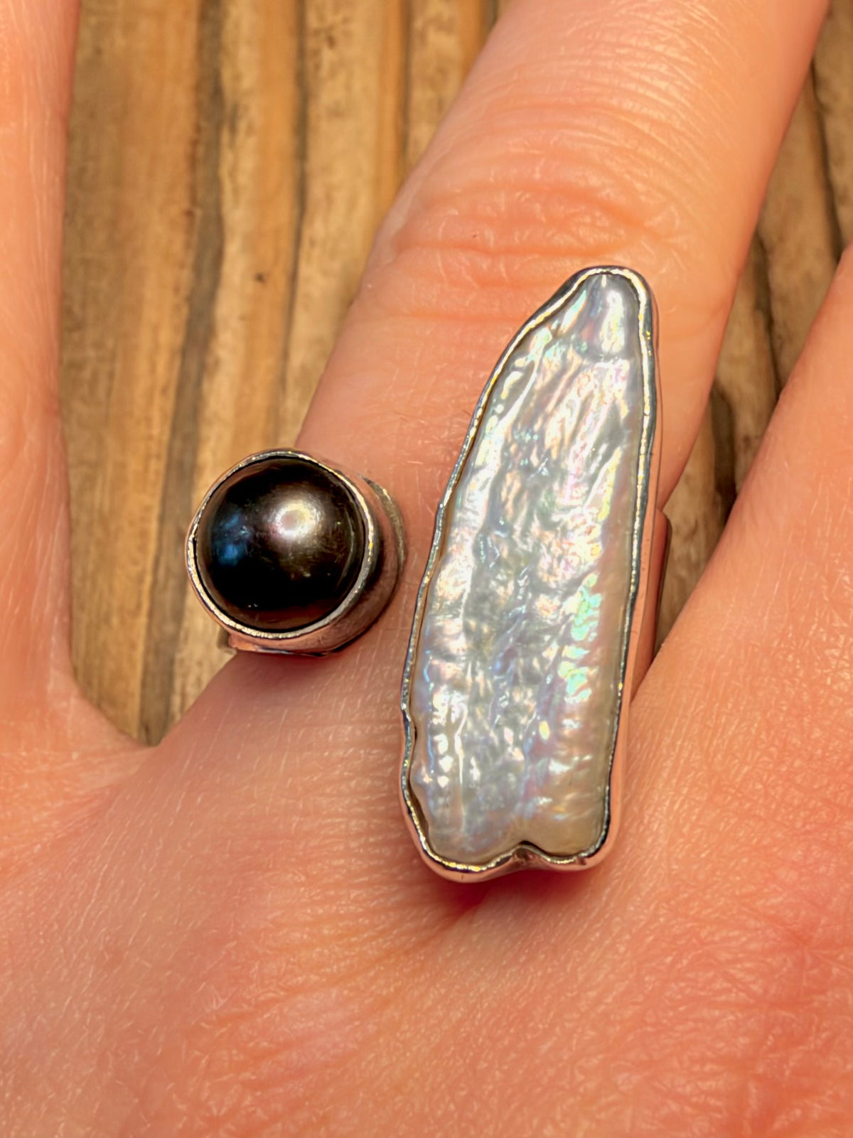 Abstract Mother of Pearl and Baroque Pearl 950 Silver Size R Ring