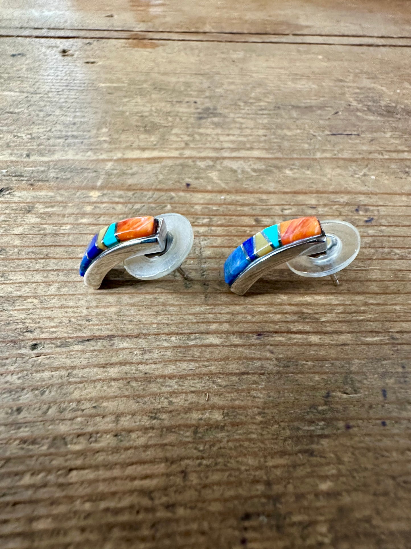 Vintage Navajo TSF Multi Stone Inlay 925 Silver Earrings