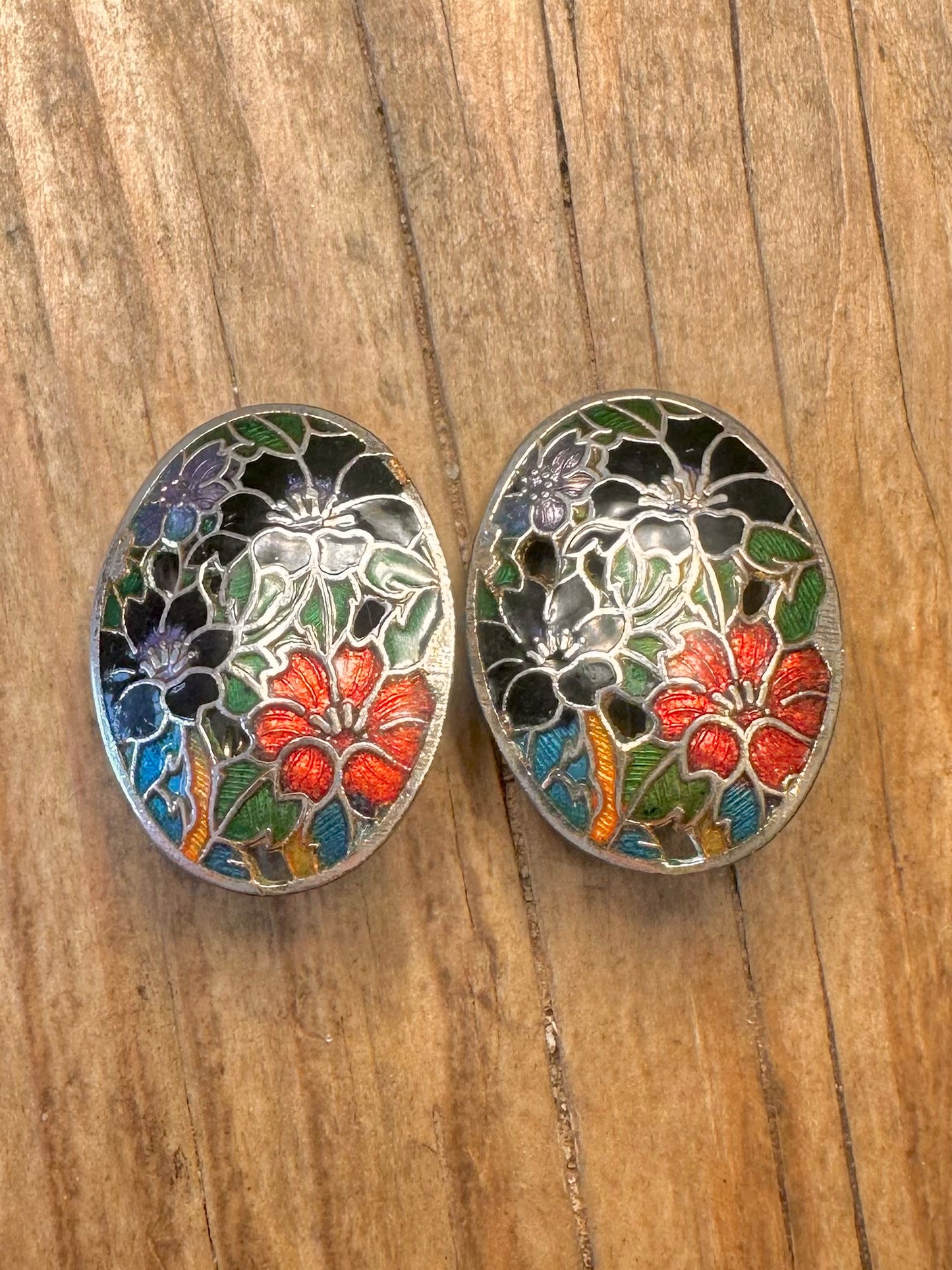 Vintage Cloisonné Enamel Floral Silver Tone Clip On Costume Earrings
