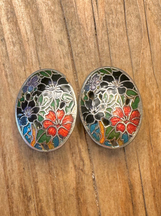 Vintage Cloisonné Enamel Floral Silver Tone Clip On Costume Earrings