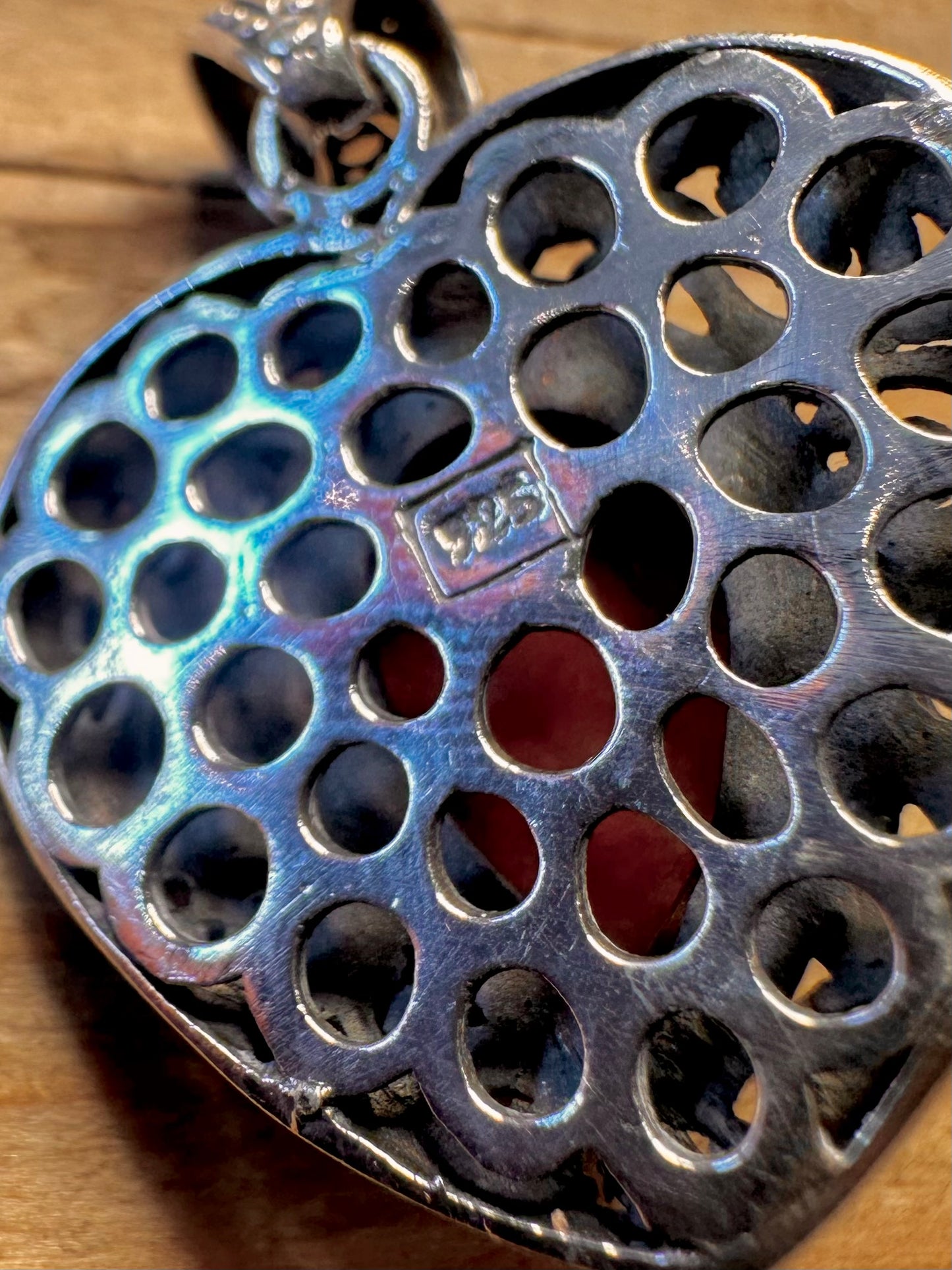 Vintage Red Jasper Heart Filigree 925 Sterling Silver Pendant